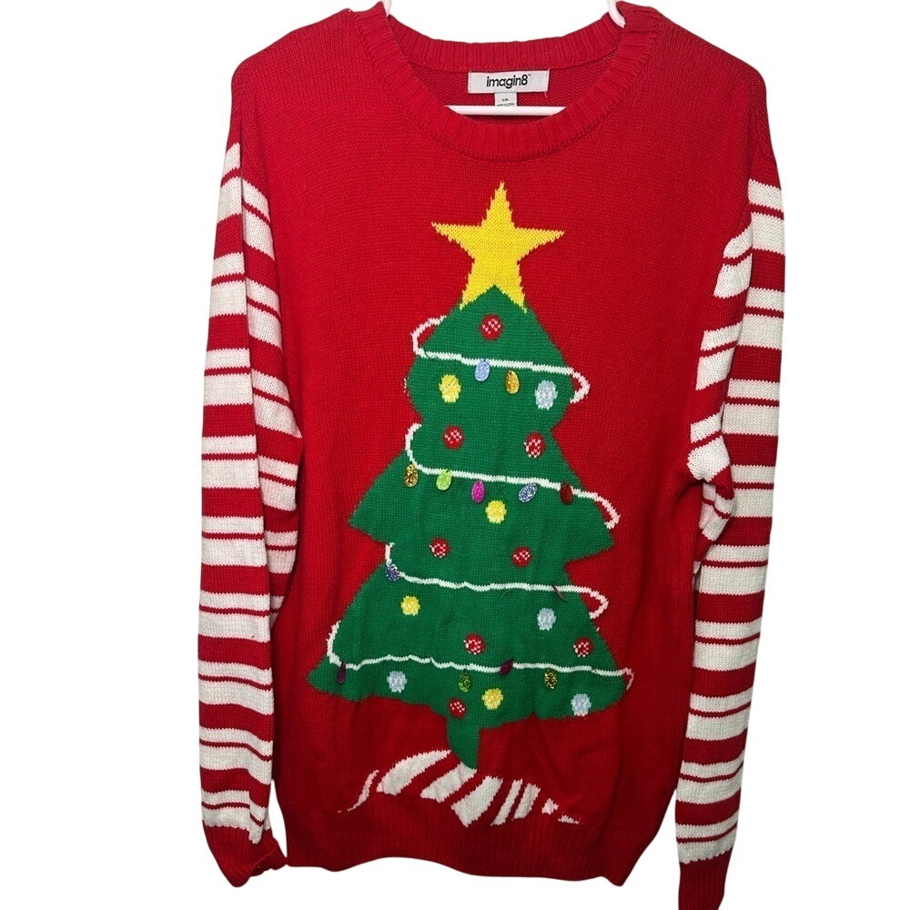 Imagin8 Womens Tacky Christmas Tree Sweater Red Green Striped Sequin Large